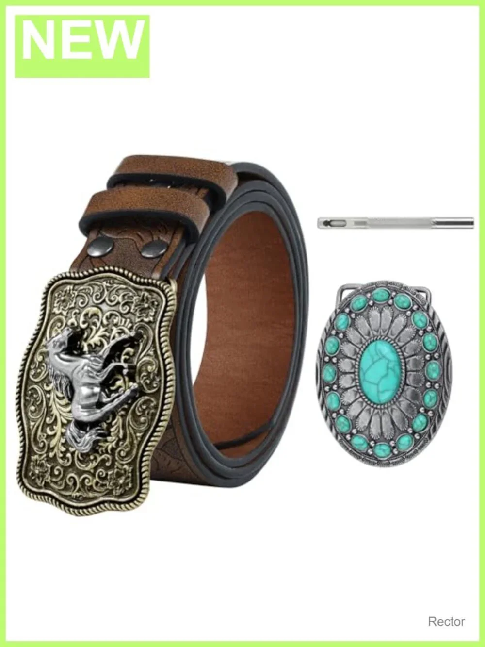 Western Belt Set with Removable Buckles PU Leather Cowboy Belt